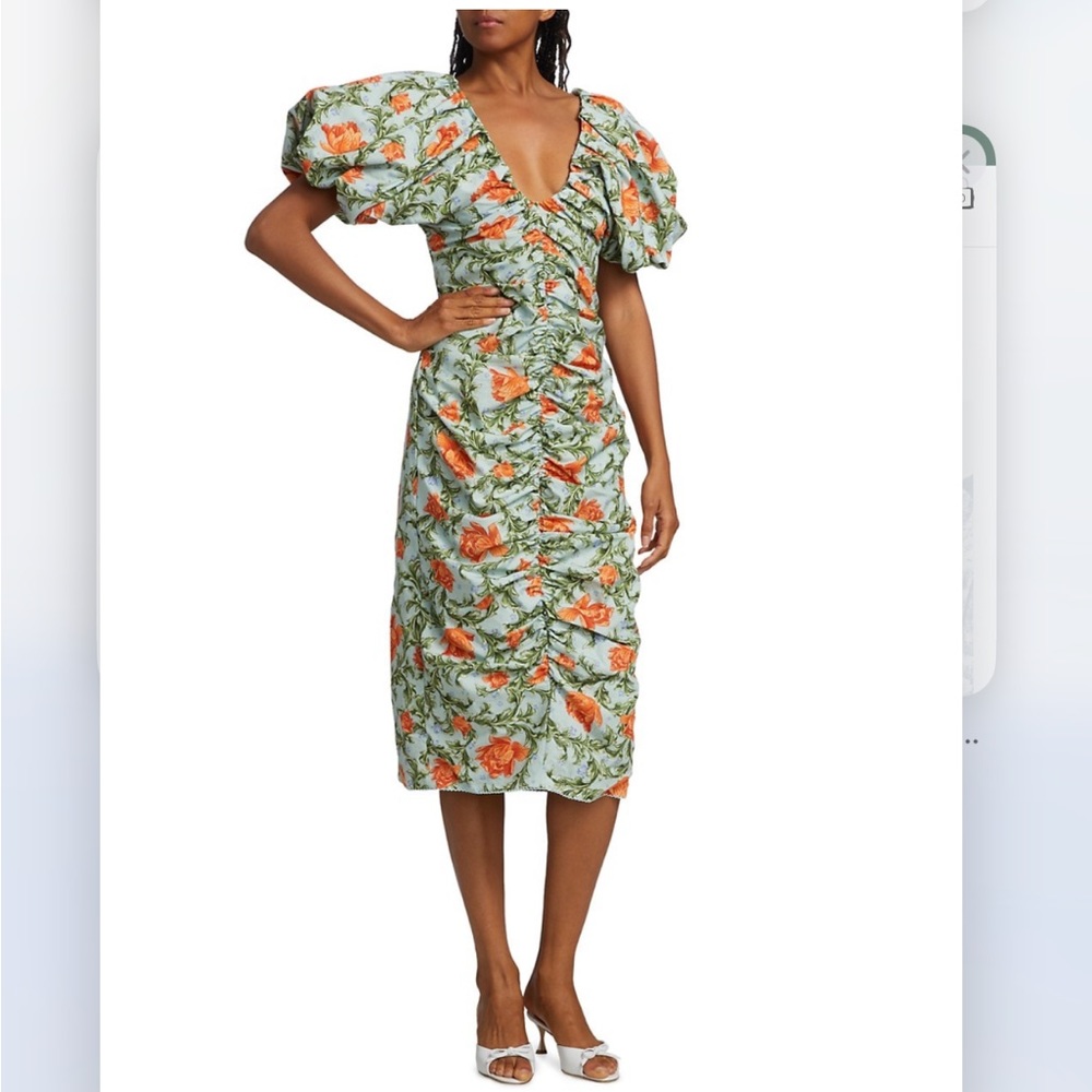 Agua by Agua Bendita Camelia Ruched Puff-Sleeve Midi-Dress